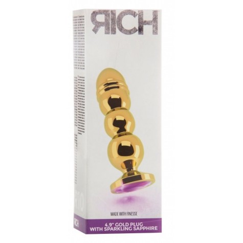 Золотистая фигурная анальная пробка R10 RICH Gold/Purple с фиолетовым кристаллом - 14,5 см.